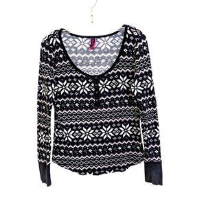 La Senza Women Large Thermal Waffle Nordic Top Long Sleeve Fair Isle Black White